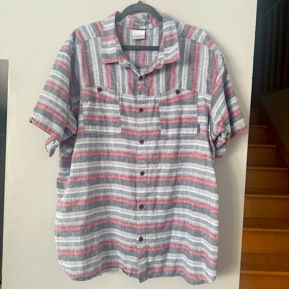 EUC Columbia Red and Gray Striped Casual Shirt Gorpore